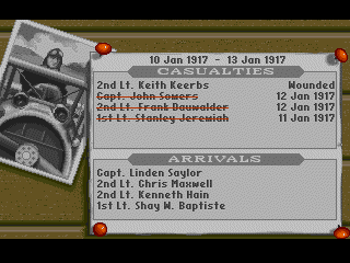 Wings (Amiga) screenshot: Casualties/Arrivals list