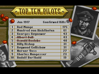 Wings (Amiga) screenshot: The top ten pilots of June 1917