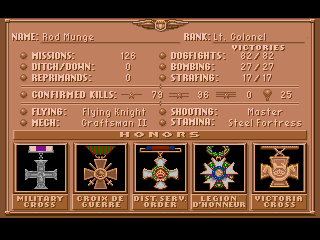 Wings (Amiga) screenshot: Pilot's log