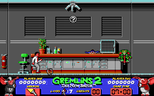 Gremlins 2: The New Batch (DOS) screenshot: Billy's running around the lab trying to avoid projectiles.