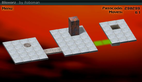 Bloxorz (Browser) screenshot: Stage 2, stand upright on the X-switch