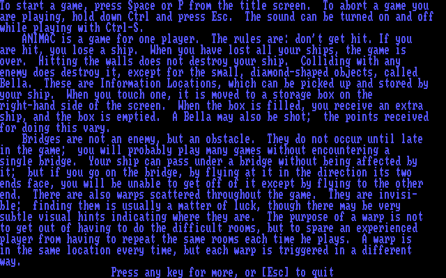 ANIMAC (DOS) screenshot: Some instructions