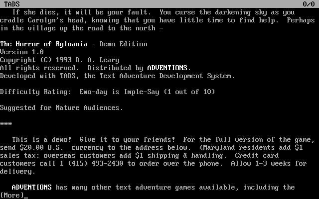 The Horror of Rylvania (DOS) screenshot: Order info