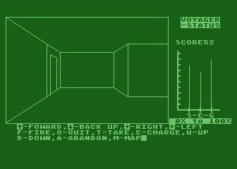 Voyager I: Sabotage of the Robot Ship (Atari 8-bit) screenshot: Wandering the hallways.