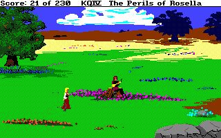 King's Quest IV: The Perils of Rosella (Amiga) screenshot: A musician sits on a log and plays a tune.