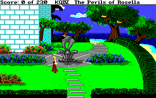 King's Quest IV: The Perils of Rosella (Amiga) screenshot: Walking in the garden of Genesta's palace.