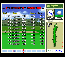 True Golf Classics: Waialae Country Club (SNES) screenshot: Tournament ranking