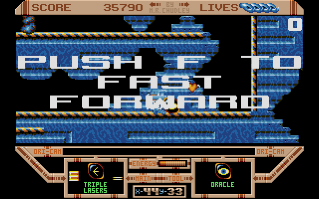 The Killing Game Show (Atari ST) screenshot: The subtle reminder to use the instant replay's Fast Forward feature