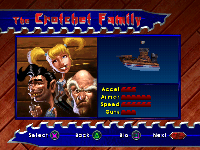 Dead in the Water (PlayStation) screenshot: One of the MANY characters/"vehicles". These dudes are rich, I tell you.