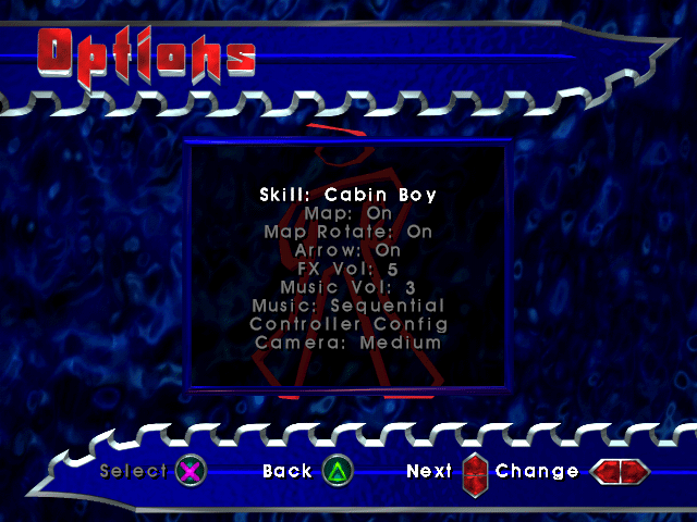 Dead in the Water (PlayStation) screenshot: Options. Skill: Cabin Boy, Captain, and Admiral.