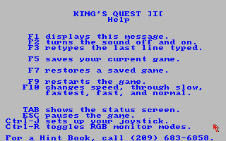 King's Quest III: To Heir is Human (Amiga) screenshot: The help screen.
