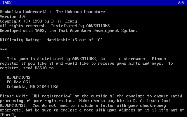 Unnkulian Underworld: The Unknown Unventure (DOS) screenshot: Game introduction