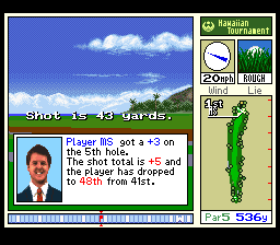 True Golf Classics: Waialae Country Club (SNES) screenshot: During a hole the game updates the player to any changes in the tournament rankings