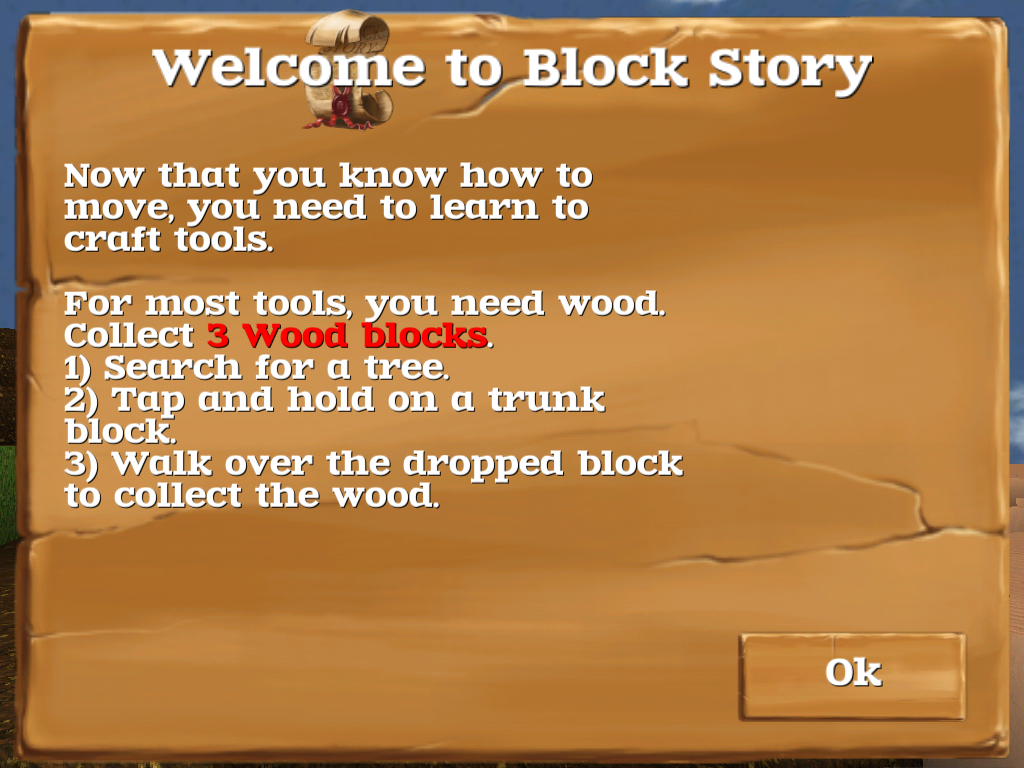 Block Story (iPad) screenshot: The first tutorial task is to collect three wood blocks
