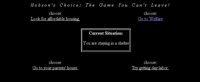 Hobson's Choice (Browser) screenshot: Okay, let's try the shelter.