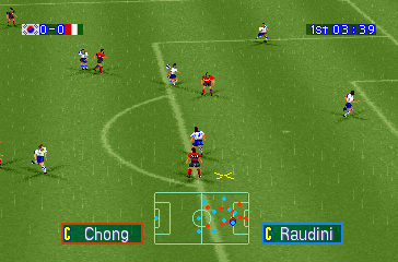 Goal Storm '97 (PlayStation) screenshot: South Korea vs Italy. It's raining.