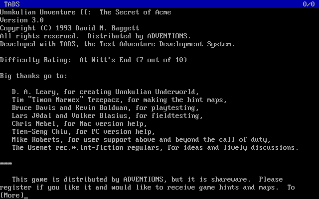 Unnkulian Unventure II: The Secret of Acme (DOS) screenshot: Game info