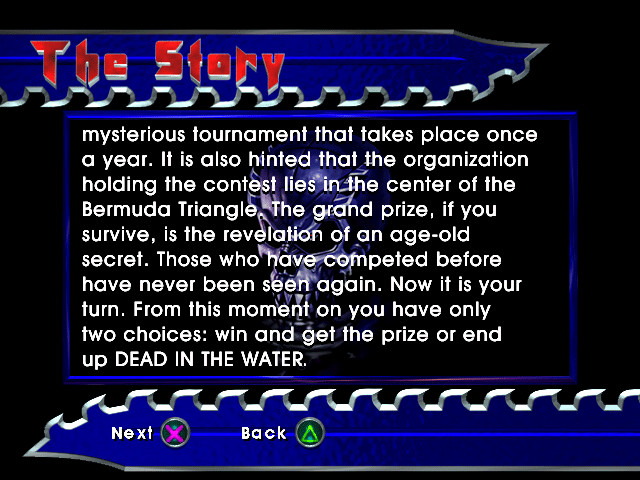 Dead in the Water (PlayStation) screenshot: In case you want to read the whole thing.