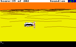Space Quest: Chapter I - The Sarien Encounter (Amiga) screenshot: Crash landed on a burning desert planet.