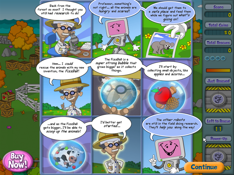 FizzBall (Linux) screenshot: The opening story, comic strip-style.
