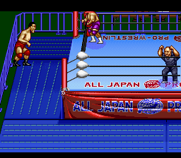 Zen-Nihon Pro Wrestling (SNES) screenshot: He threw me out of the ring.