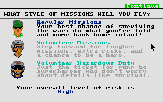 Gunship (Atari ST) screenshot: Select what kind of missions you want i.e. difficulty level