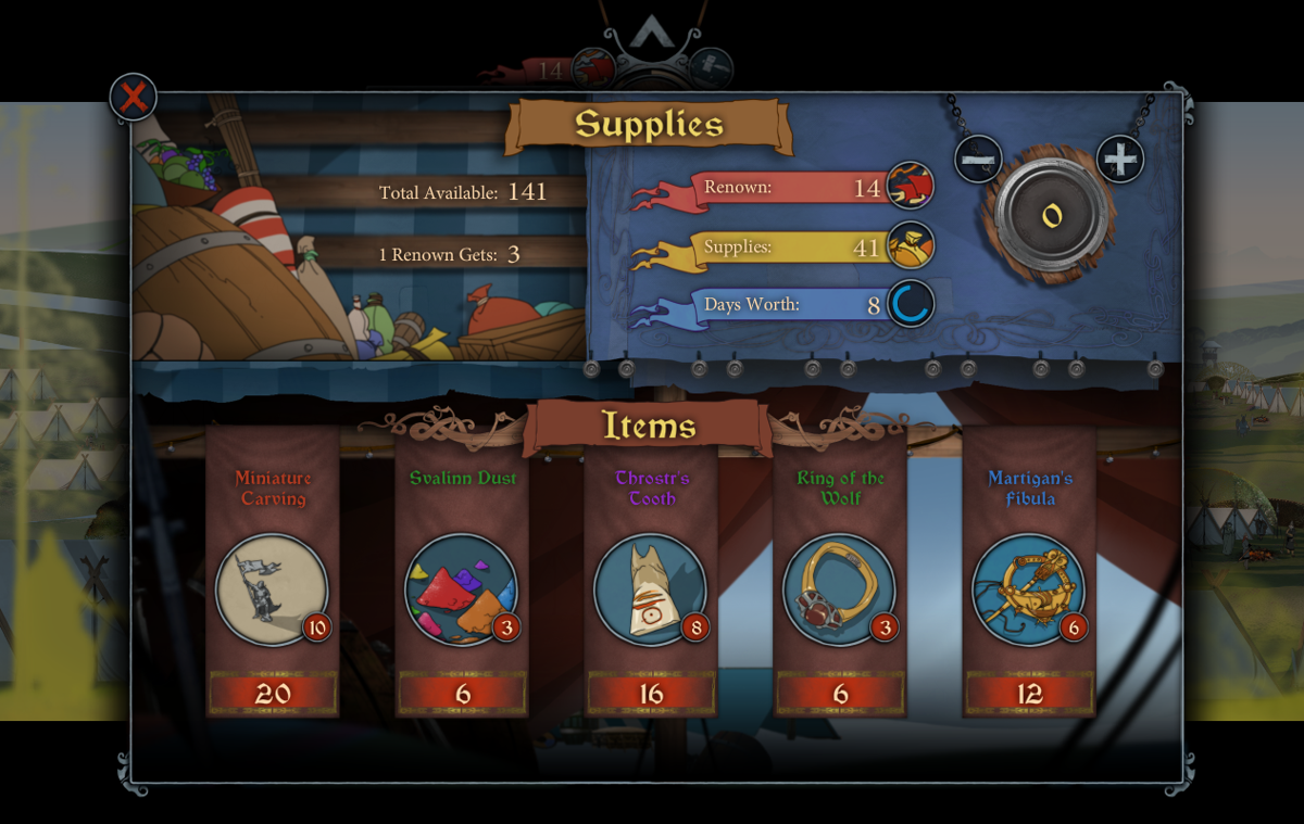 The Banner Saga 2 (Windows) screenshot: Spend your "renown" currency to get either supplies or some stat-boosting trinket.