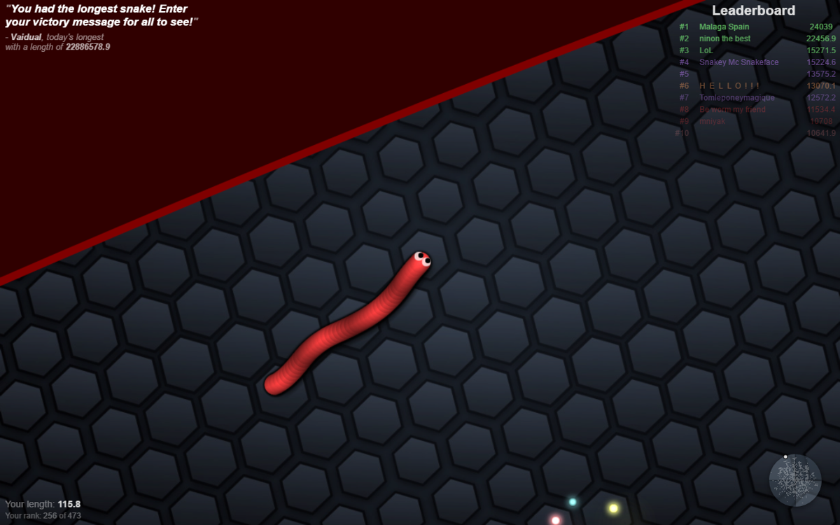 slither.io (Browser) screenshot: this is the edge of the game world. It is a big circle. There's a radar at the bottom-right