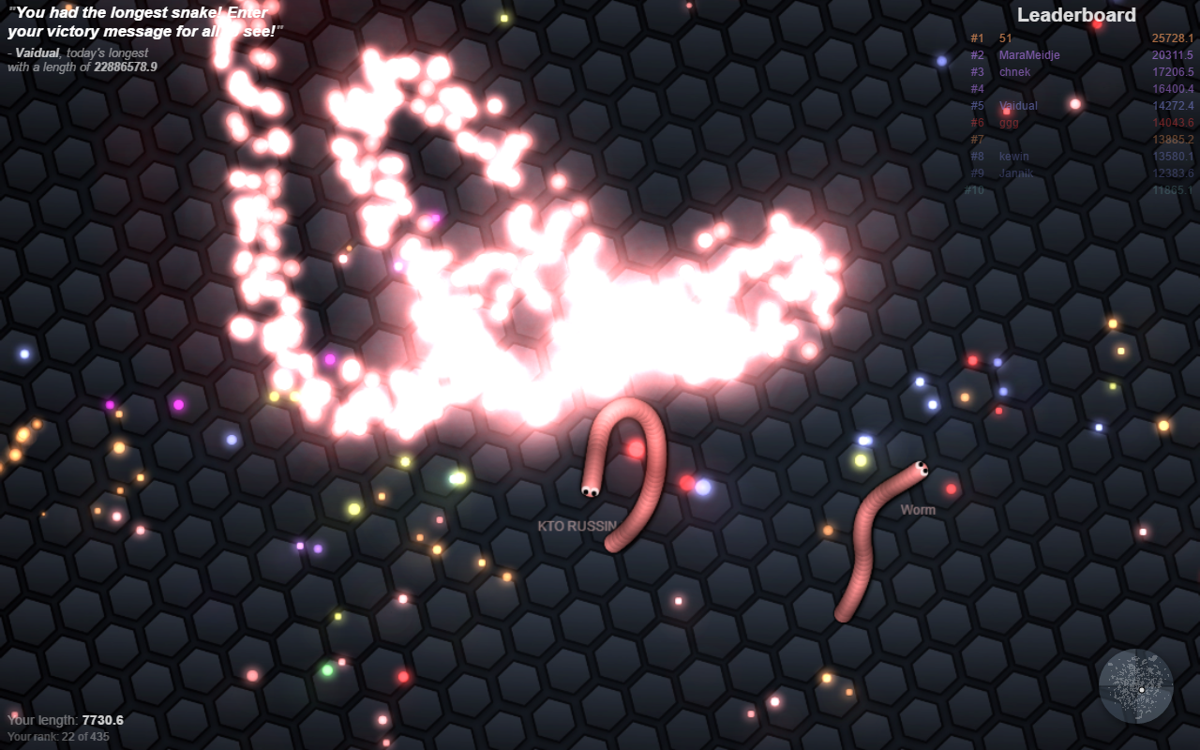 slither.io (Browser) screenshot: Even running into smaller snakes will kill you