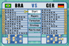 International Superstar Soccer (Game Boy Advance) screenshot: Semifinals. "Fake" Brasil vs "Real" Germany.