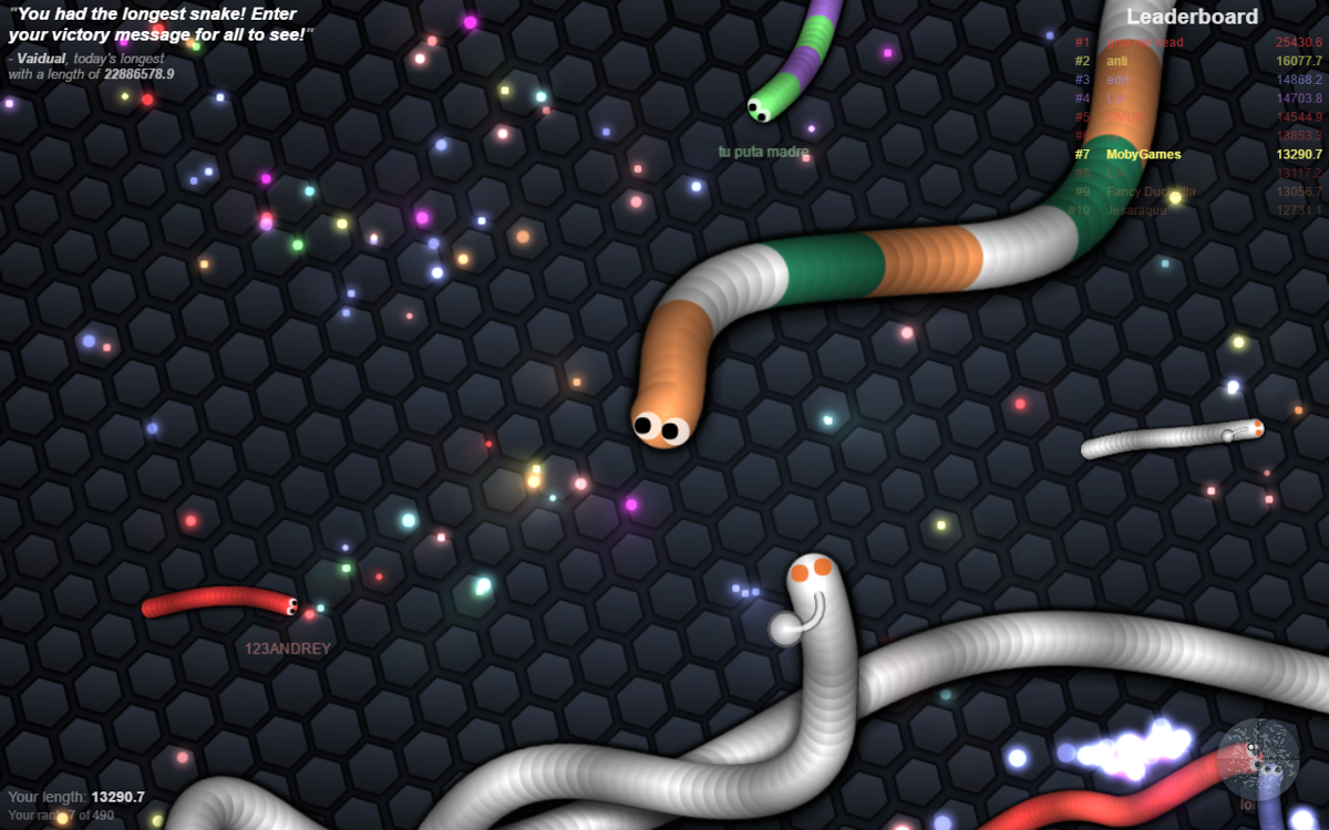 slither.io (Browser) screenshot: Wow, check out my length, I'm massive!