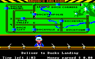 Donald Duck's Playground (Amiga) screenshot: The train has made a pickup, now deliver to Duck Landing.