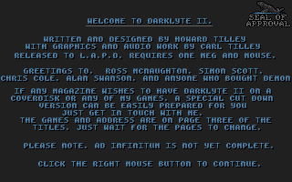 Darklyte II (Atari ST) screenshot: Info screen