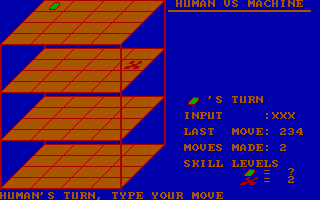 Quad (DOS) screenshot: Human vs. CPU: my turn to make a move (CGA, RGB monitor)