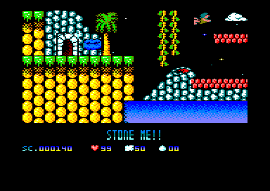 Cavemania (Amstrad CPC) screenshot: Leaping to a platform