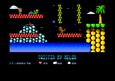 Cavemania (Amstrad CPC) screenshot: Throwing a rock at the dinosaur