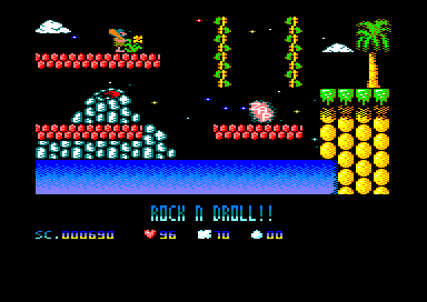 Cavemania (Amstrad CPC) screenshot: Destroyed the dinosaur