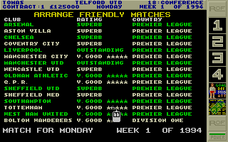 Premier Manager 2 (Atari ST) screenshot: Arrange friendly matches