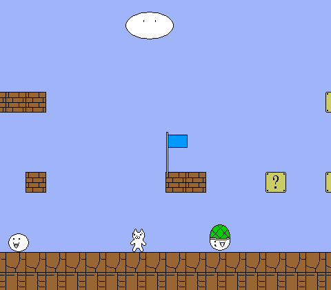 Syobon Action (Browser) screenshot: A koopa-cloud, plus the midpoint save flag