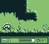 The Lost World: Jurassic Park (Game Boy) screenshot: Fighting a stegosaurus.