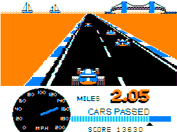 Speed Racer (TRS-80 CoCo) screenshot: Passing the first lap (2 miles)