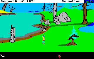 King's Quest II: Romancing the Throne (Amiga) screenshot: Near a poisoned river. Walk into that water and you'll be a goner.