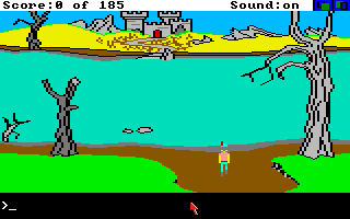 King's Quest II: Romancing the Throne (Amiga) screenshot: Yonder lies a castle! How can I get across the river?