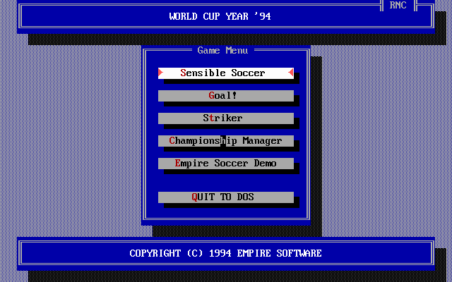 World Cup Year 94 (DOS) screenshot: Game select menu.