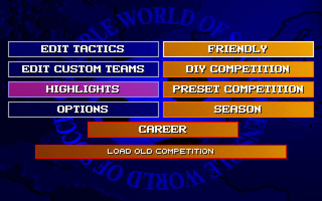 Sensible World of Soccer (DOS) screenshot: Main menu.