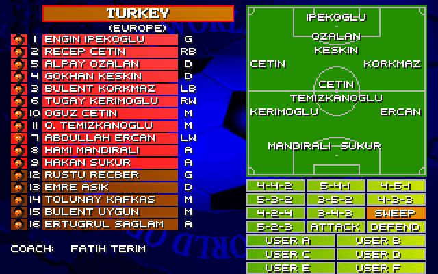 Sensible World of Soccer (DOS) screenshot: Of course I'm playing as Turkey.
