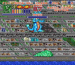 King of the Monsters 2: The Next Thing (SNES) screenshot: The boss lays defeated