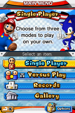 Mario & Sonic at the Olympic Games (Nintendo DS) screenshot: Main menu.