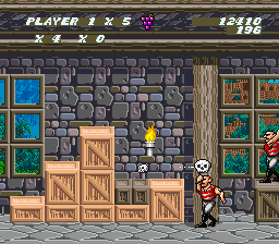 Sküljagger: Revolt of the Westicans (SNES) screenshot: Pirates swinging skulls on chains.