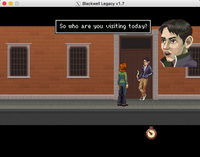 The Blackwell Legacy (Macintosh) screenshot: Jim won't let you into your own building without a proof you're a resident